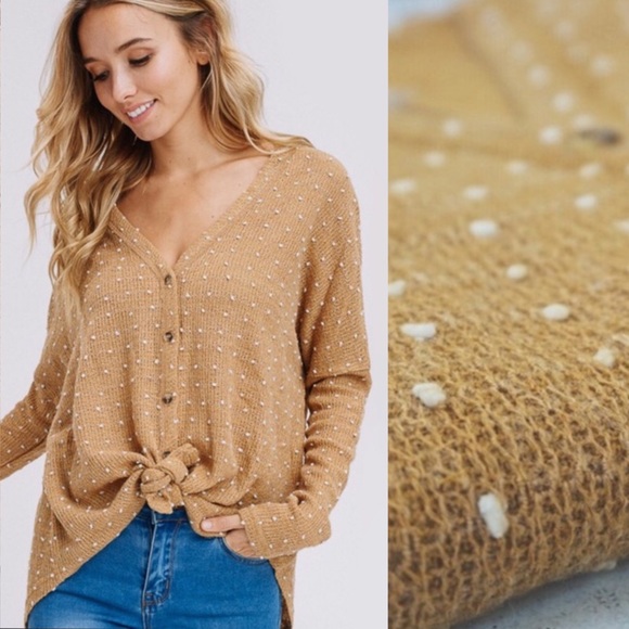 NEW Mustard Button Down Tie Front Top Knit Thermal - Picture 2 of 8